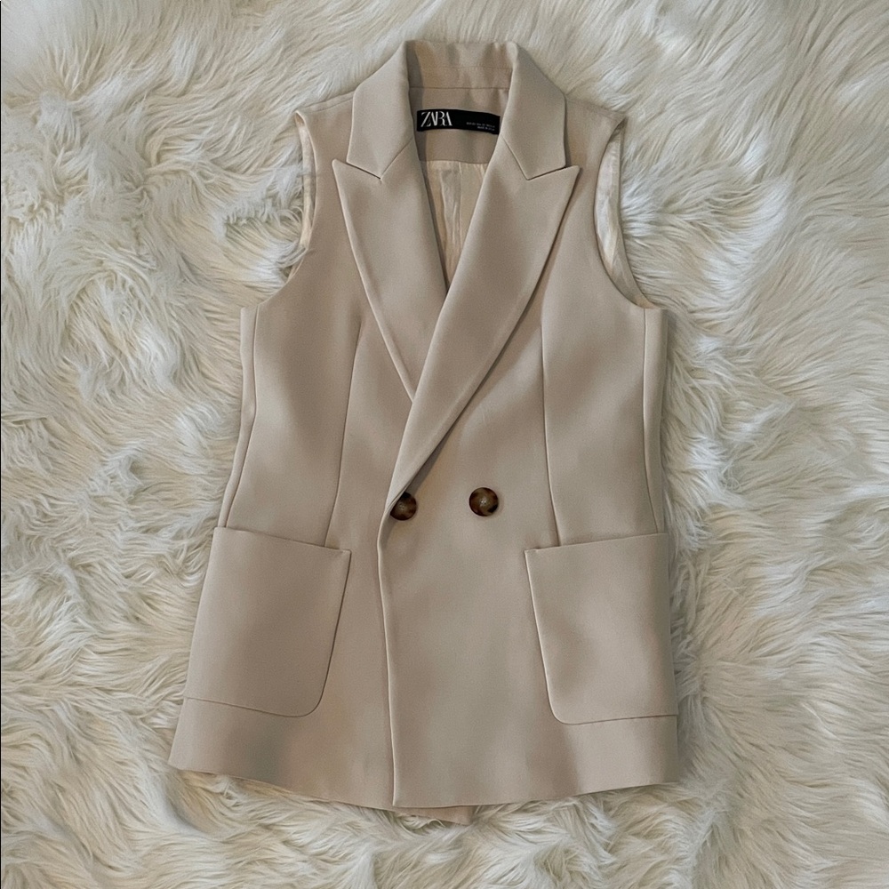 Zara Beige Sleeveless Double-Breasted Blazer Vest